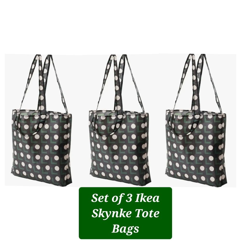 IKEA LOT of 3 SKYNKE Reusable Foldable Shopping Bags Black/Beige Dot